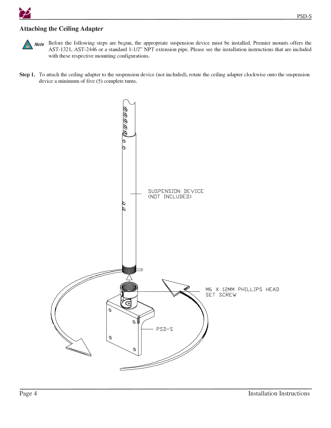 Premier Mounts PSD-S installation instructions Attaching the Ceiling Adapter 