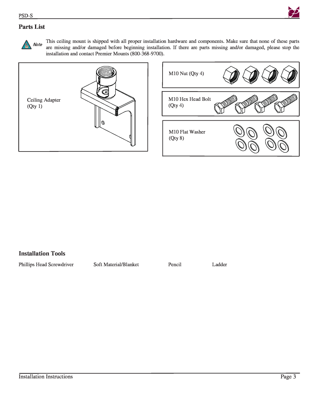 Premier Mounts PSD-S installation instructions Parts List, Installation Tools, Installation Instructions, Page 