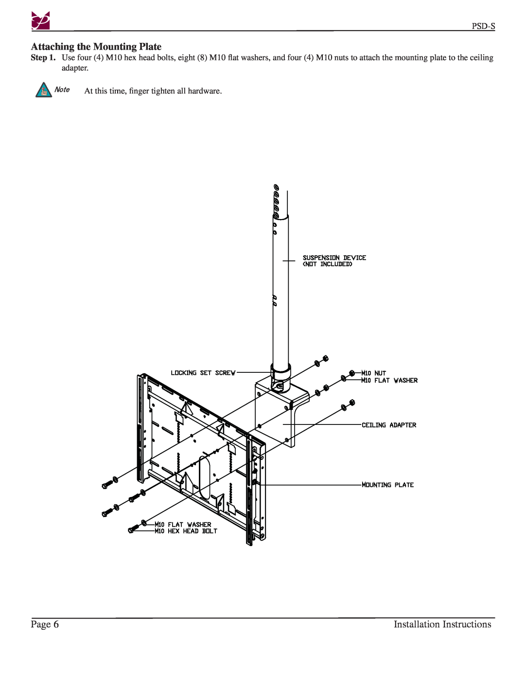 Premier Mounts PSD-S installation instructions Attaching the Mounting Plate, Page, Installation Instructions 