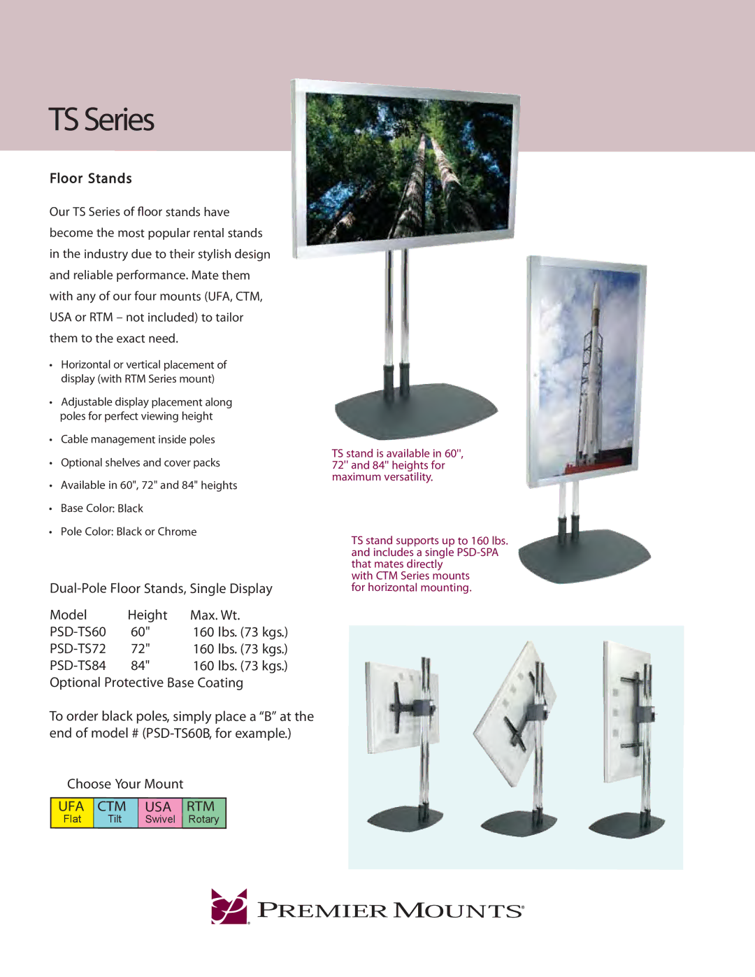 Premier Mounts PSD-TS60, PSD-SPA manual TS Series, Dual-Pole Floor Stands, Single Display, Model, Max. Wt, Ufa Ctm Usa Rtm 