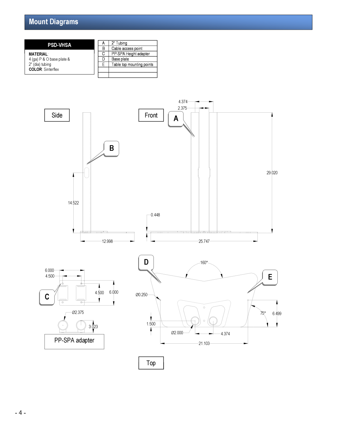 Premier Mounts PSD-VHSA installation manual Mount Diagrams, Side, Front, PP-SPA adapter, Psd-Vhsa, Material 
