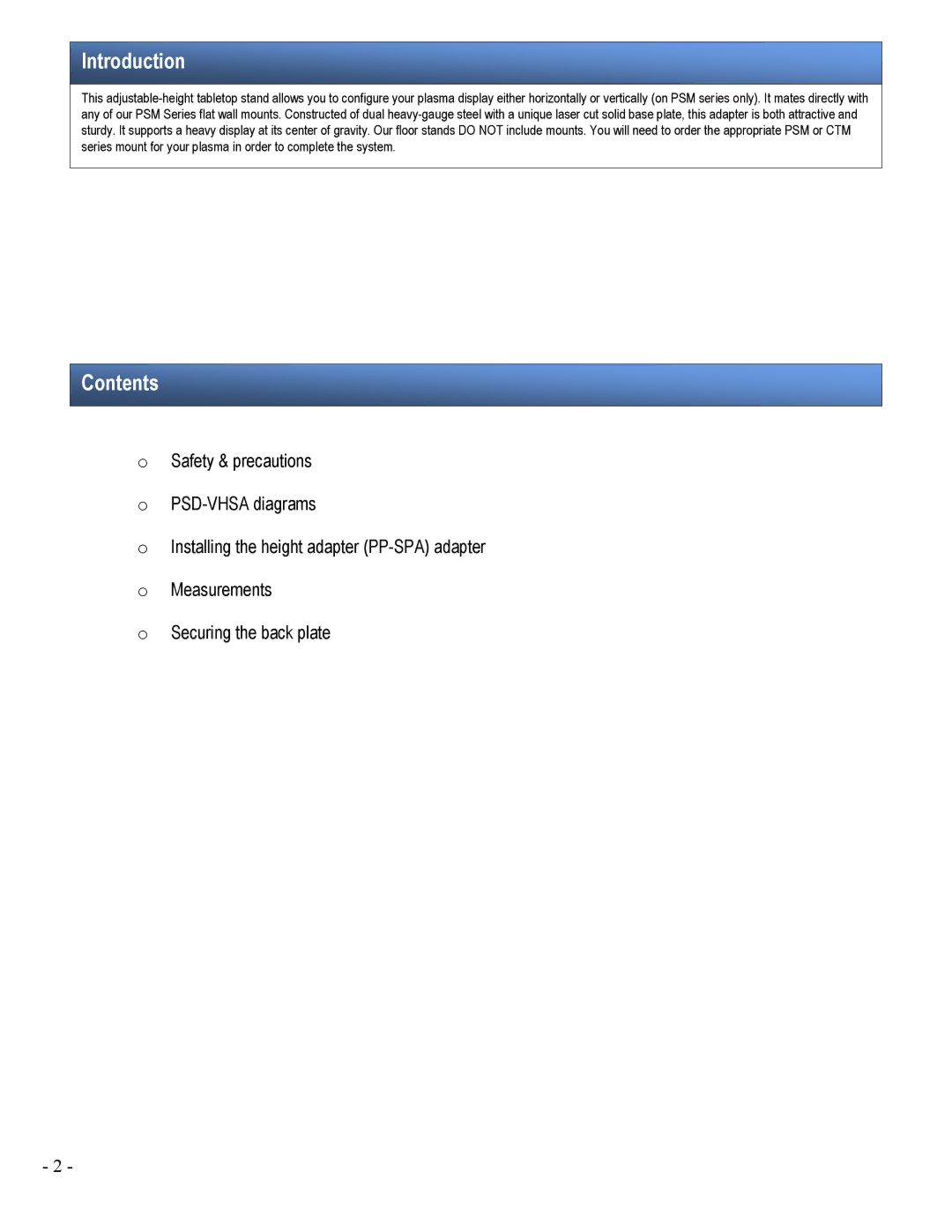 Premier Mounts PSD-VHSA installation manual Introduction, Contents 