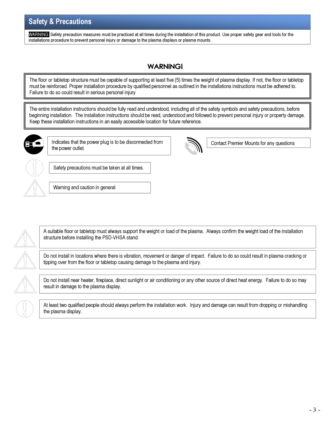 Premier Mounts PSD-VHSA installation manual Safety & Precautions 