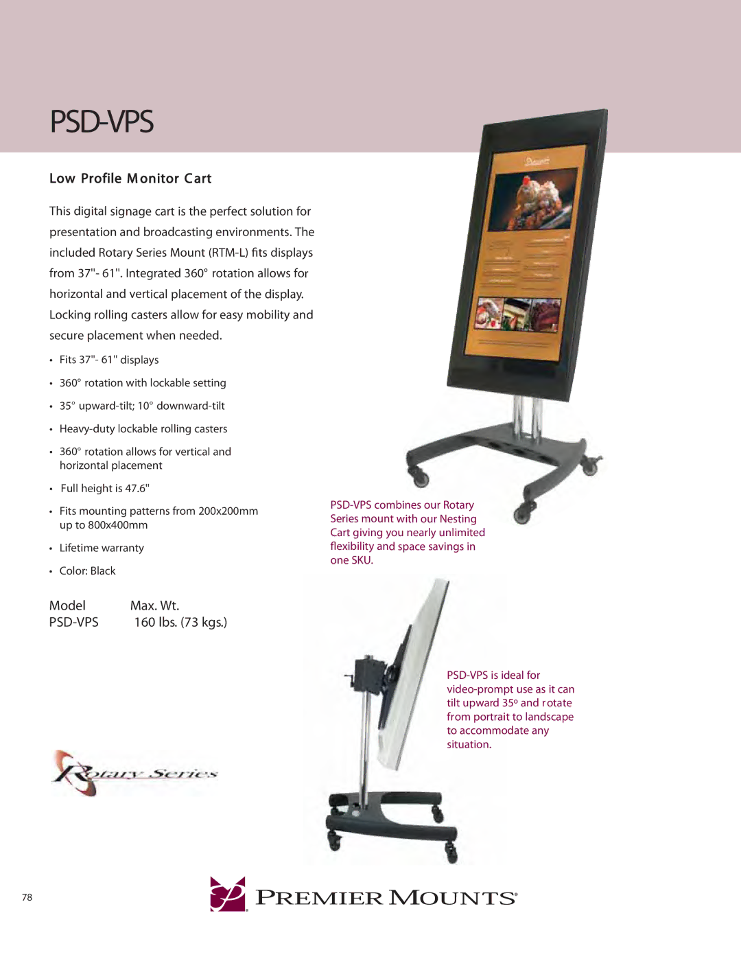 Premier Mounts PSD-VPS warranty Psd-Vps, Low Profile M onitor C art, Lbs kgs 