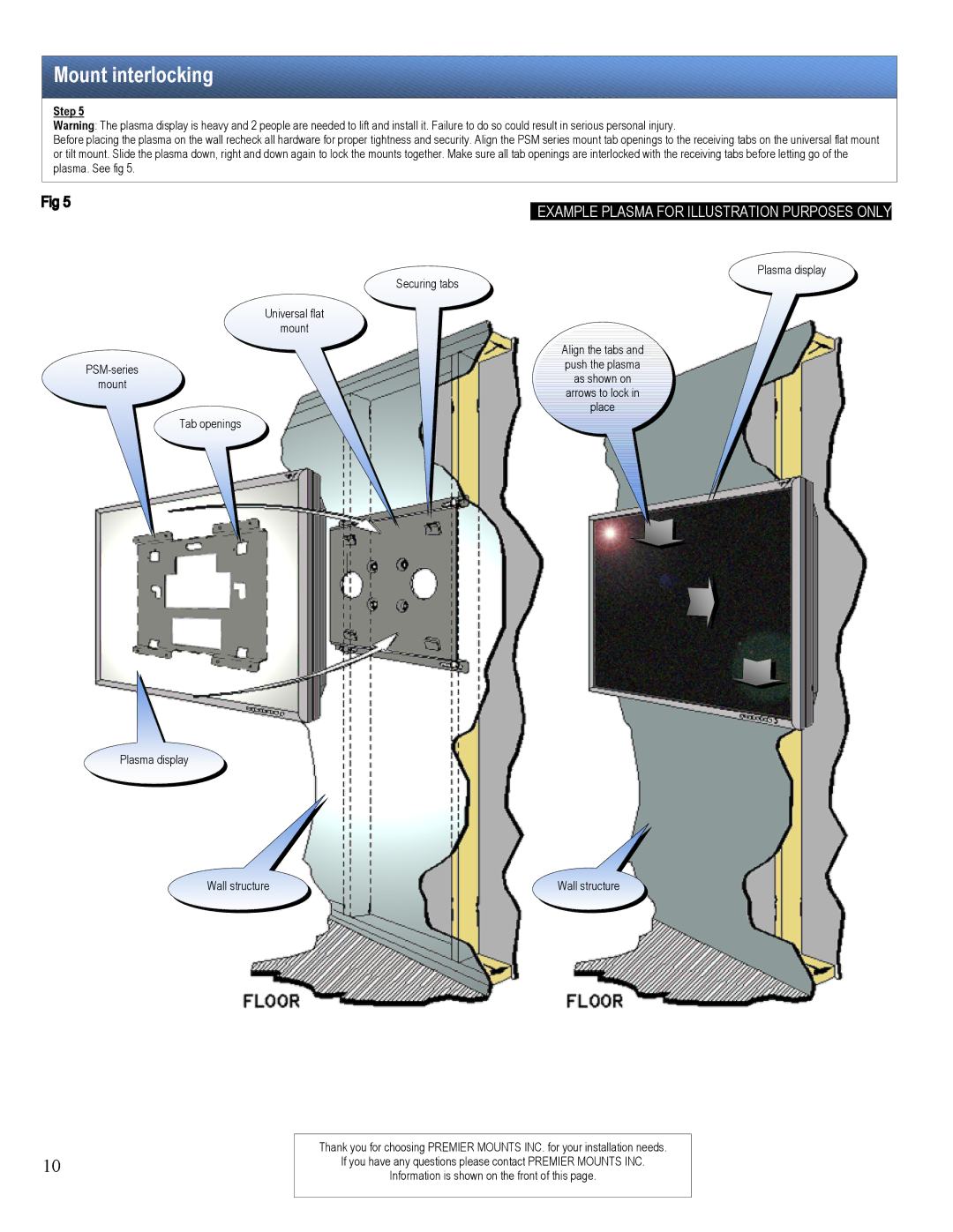 Premier Mounts PSM-402T, PSM-402F installation manual Mount interlocking, Plasma display Securing tabs 