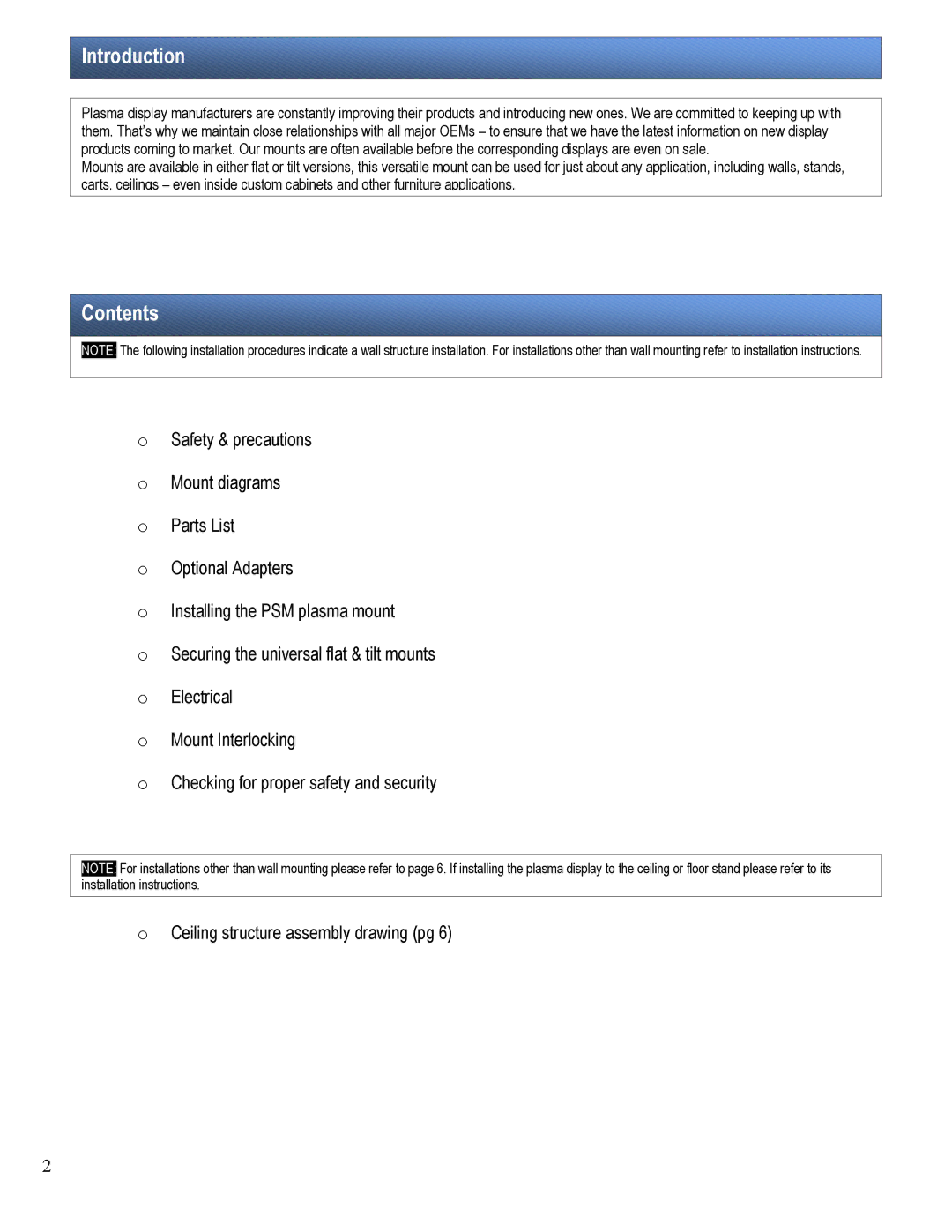 Premier Mounts PSM-402T, PSM-402F installation manual Introduction, Contents 