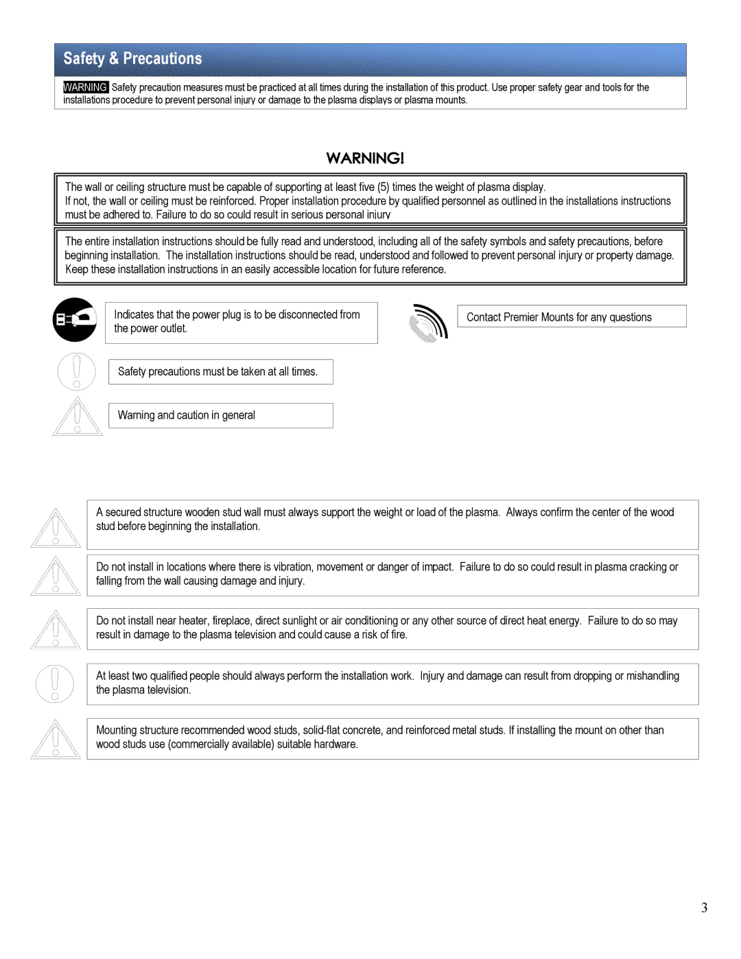 Premier Mounts PSM-402F, PSM-402T installation manual Safety & Precautions 