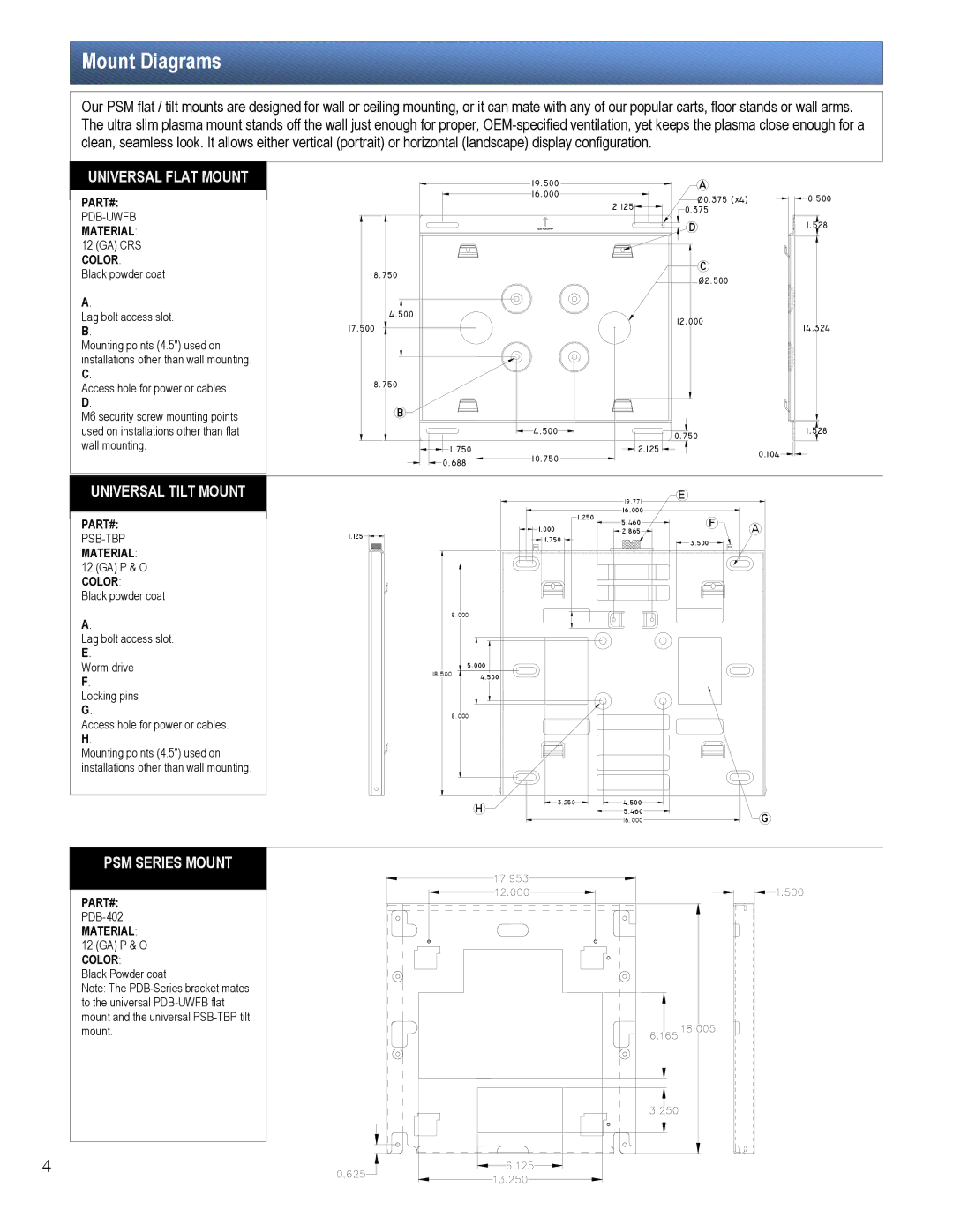 Premier Mounts PSM-402T, PSM-402F installation manual Mount Diagrams, Universal Flat Mount 