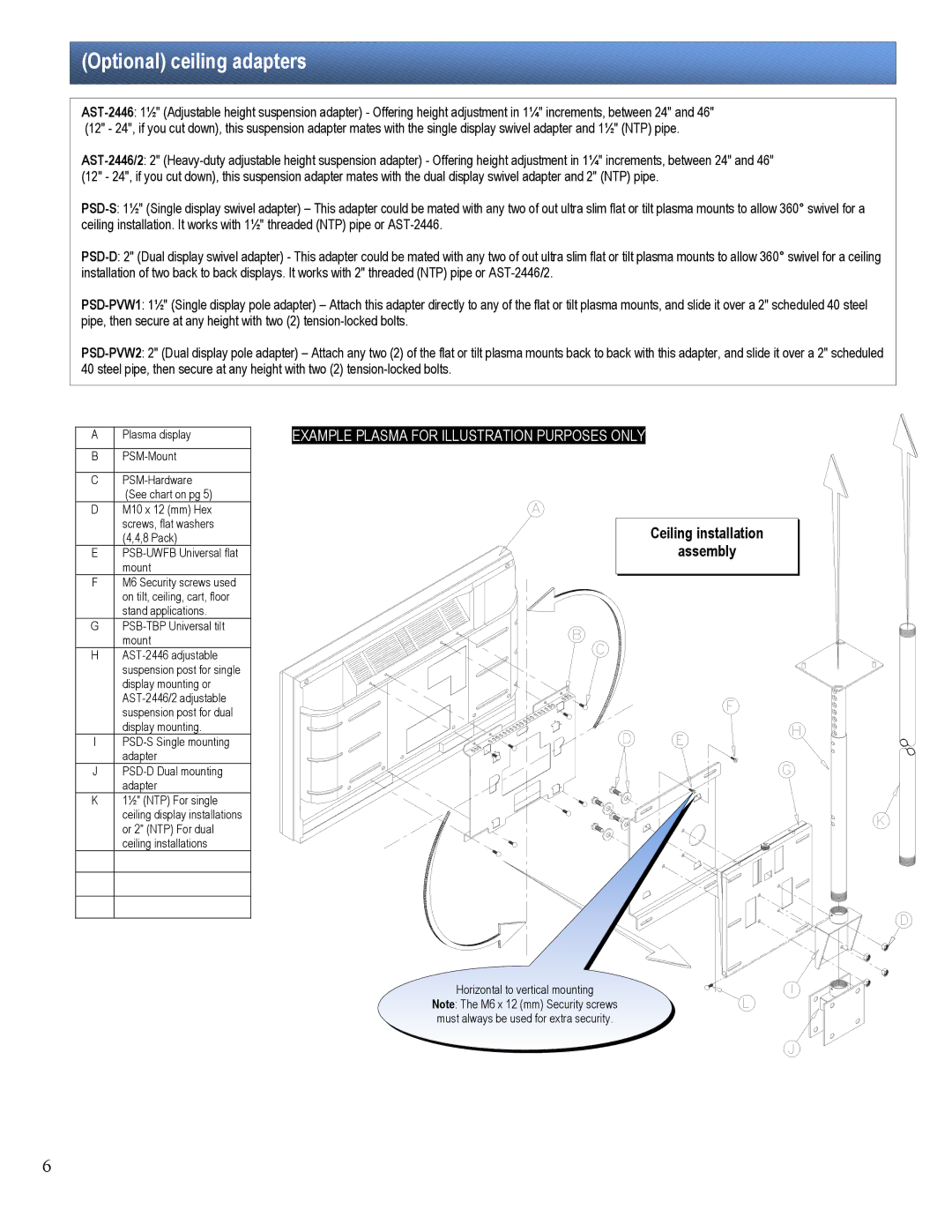 Premier Mounts PSM-402T, PSM-402F installation manual Optional ceiling adapters 