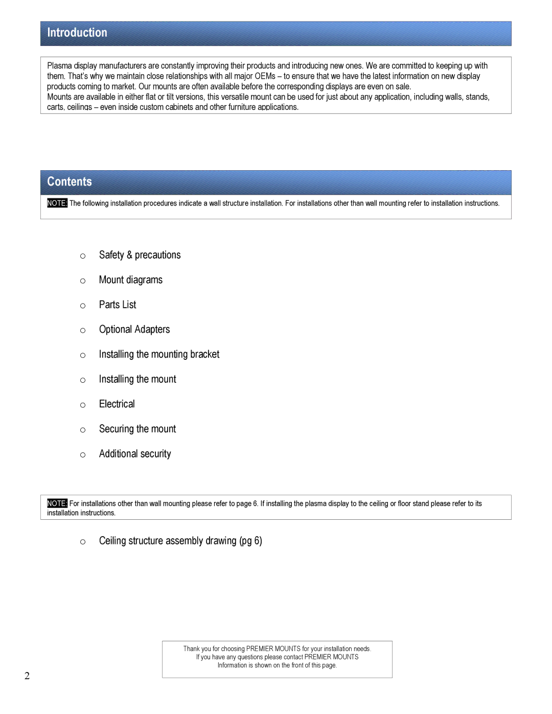 Premier Mounts PSM-442T, PSM-442F installation manual Introduction, Contents 