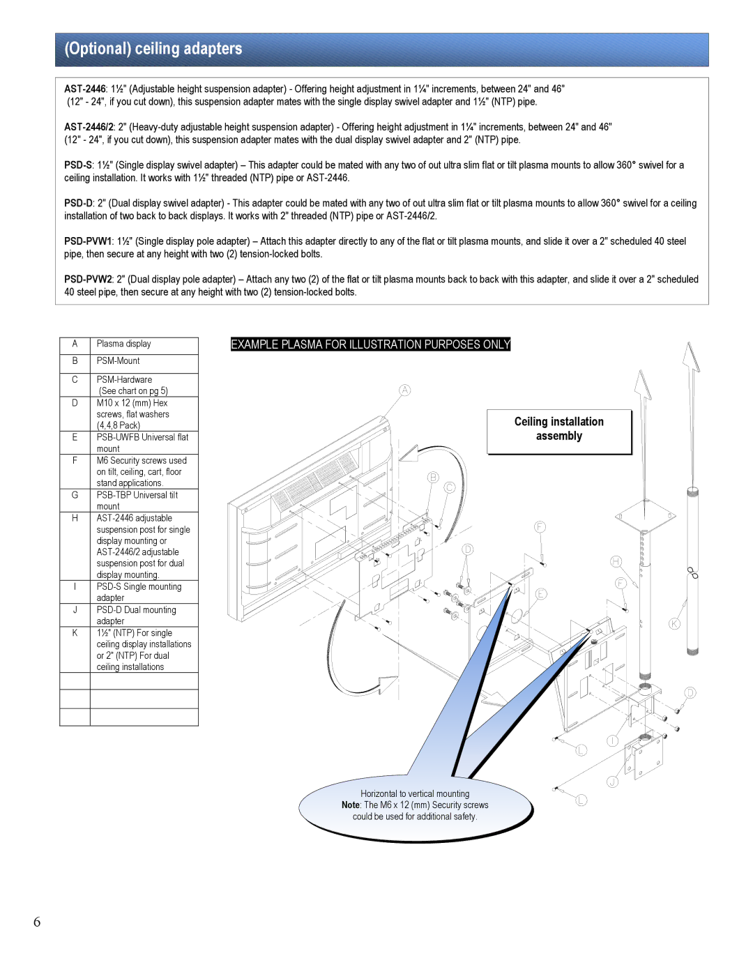 Premier Mounts PSM-442T, PSM-442F installation manual Optional ceiling adapters 