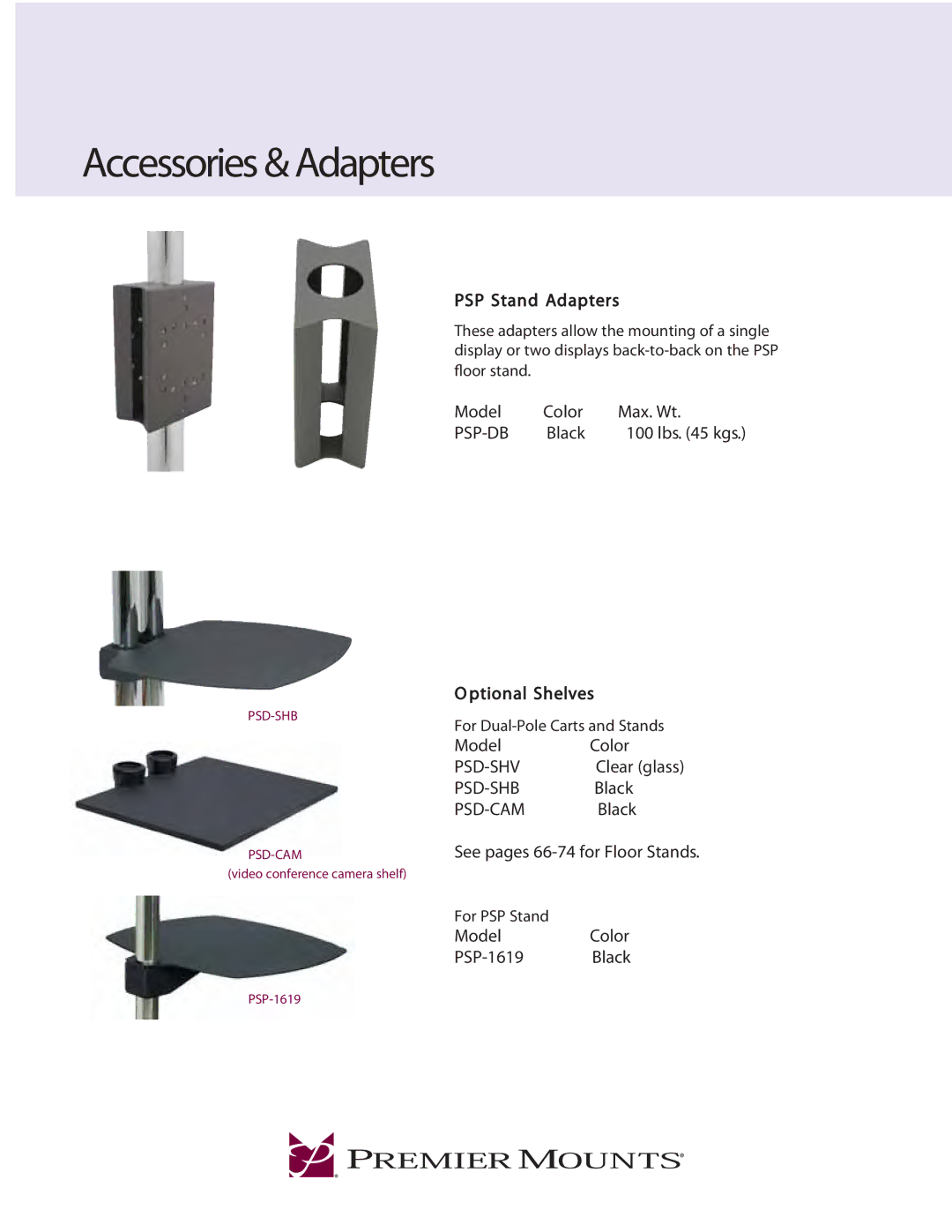 Premier Mounts PSP-DB manual PSP Stand Adapters, Ptional Shelves, See pages 66-74 for Floor Stands, PSP-1619 Black 