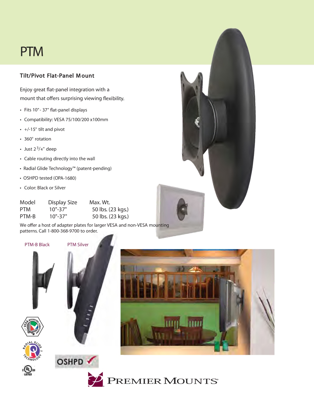 Premier Mounts PTM-B manual Model Display Size Max. Wt, Ptm-B 