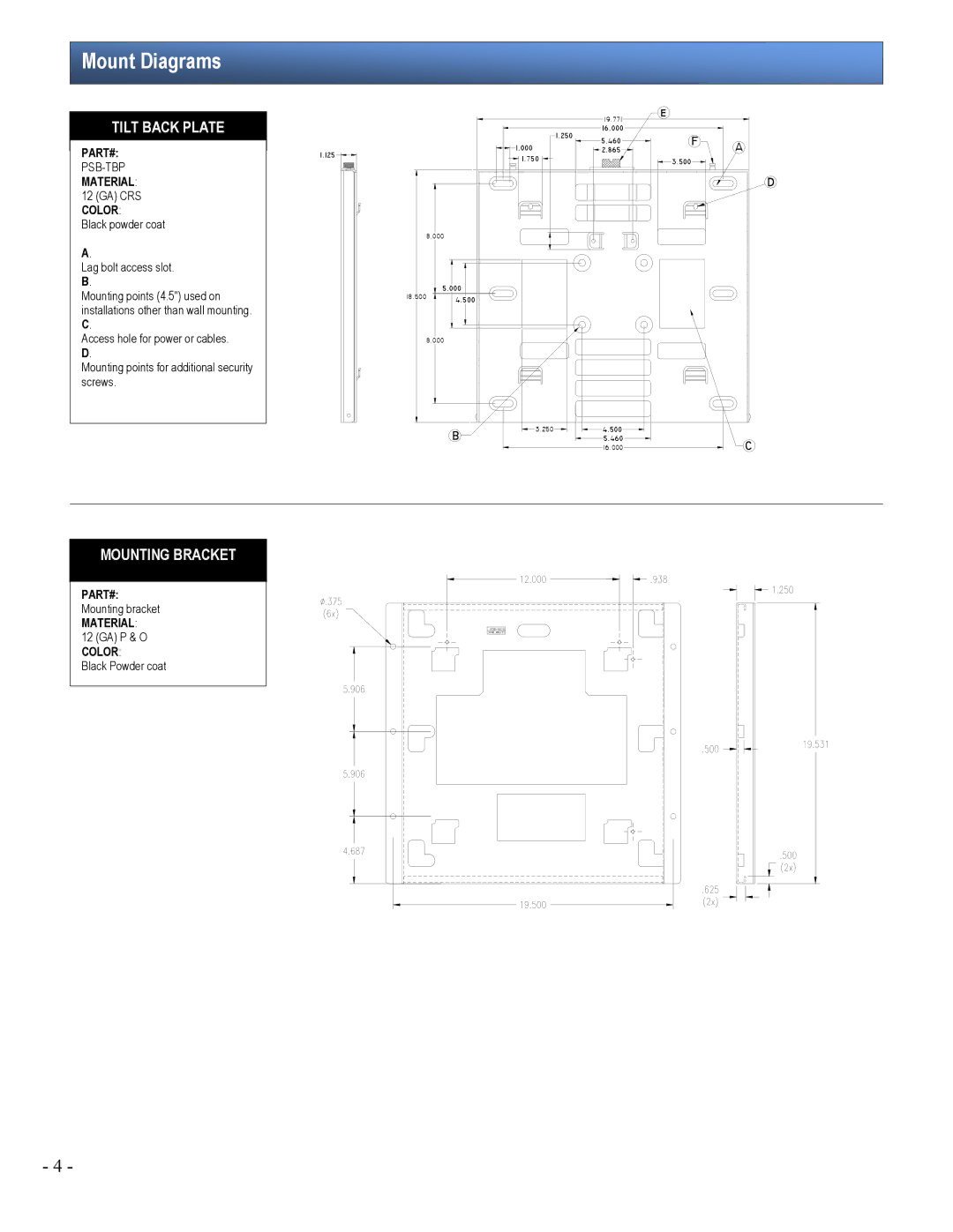 Premier Mounts PWM-503 installation manual Mount Diagrams, Tilt Back Plate 