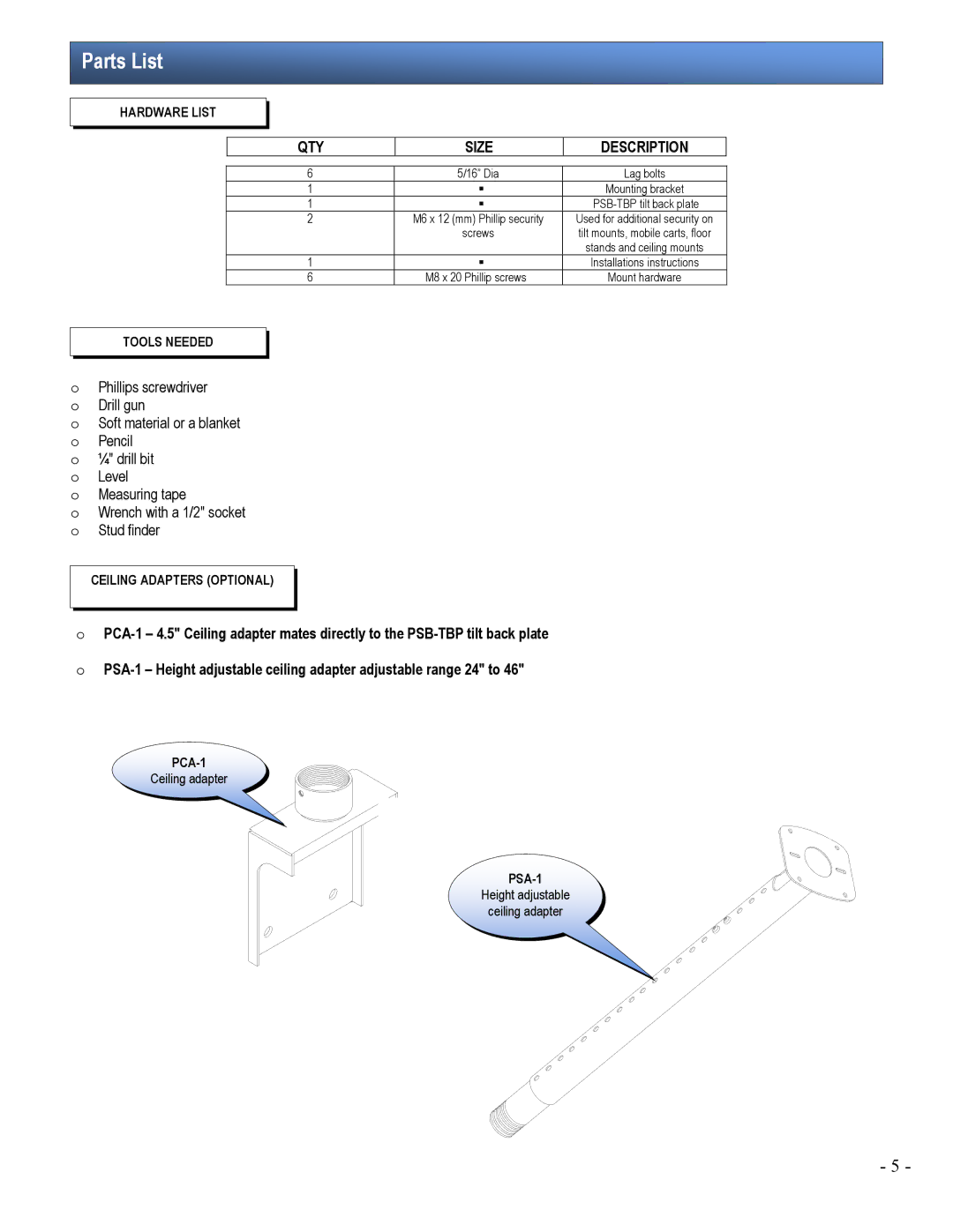 Premier Mounts PWM-503 installation manual Parts List, QTY Size Description 