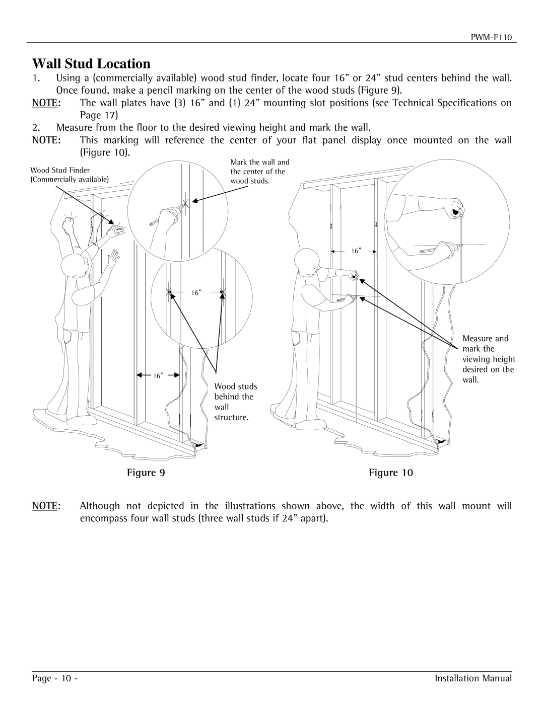 Premier Mounts PWM-F110 installation manual Wall Stud Location 