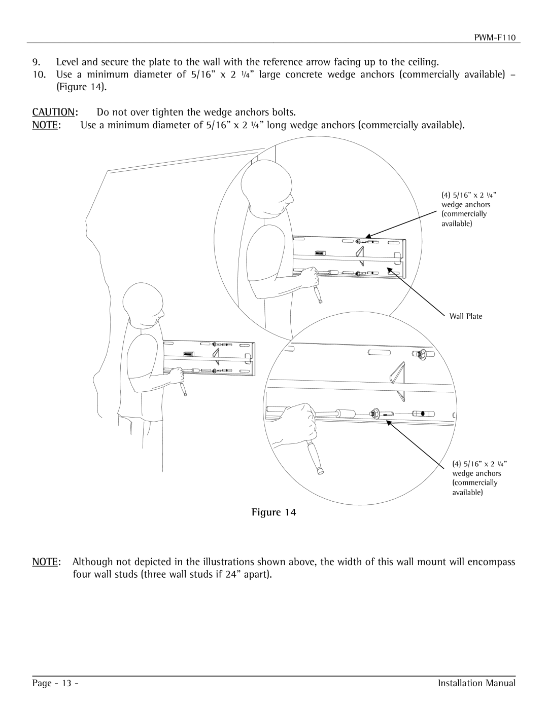 Premier Mounts PWM-F110 installation manual 16 x 2 ¼ wedge anchors commercially available Wall Plate 