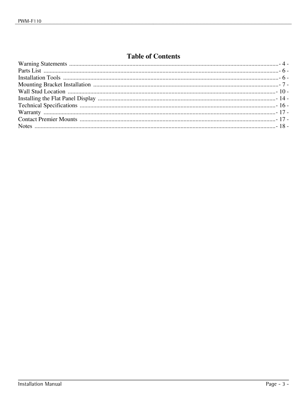 Premier Mounts PWM-F110 installation manual Table of Contents 