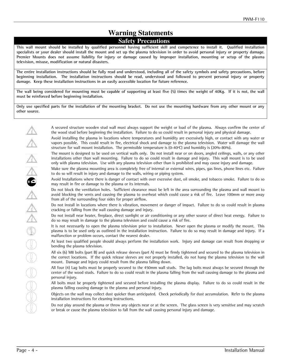 Premier Mounts PWM-F110 installation manual Safety Precautions 