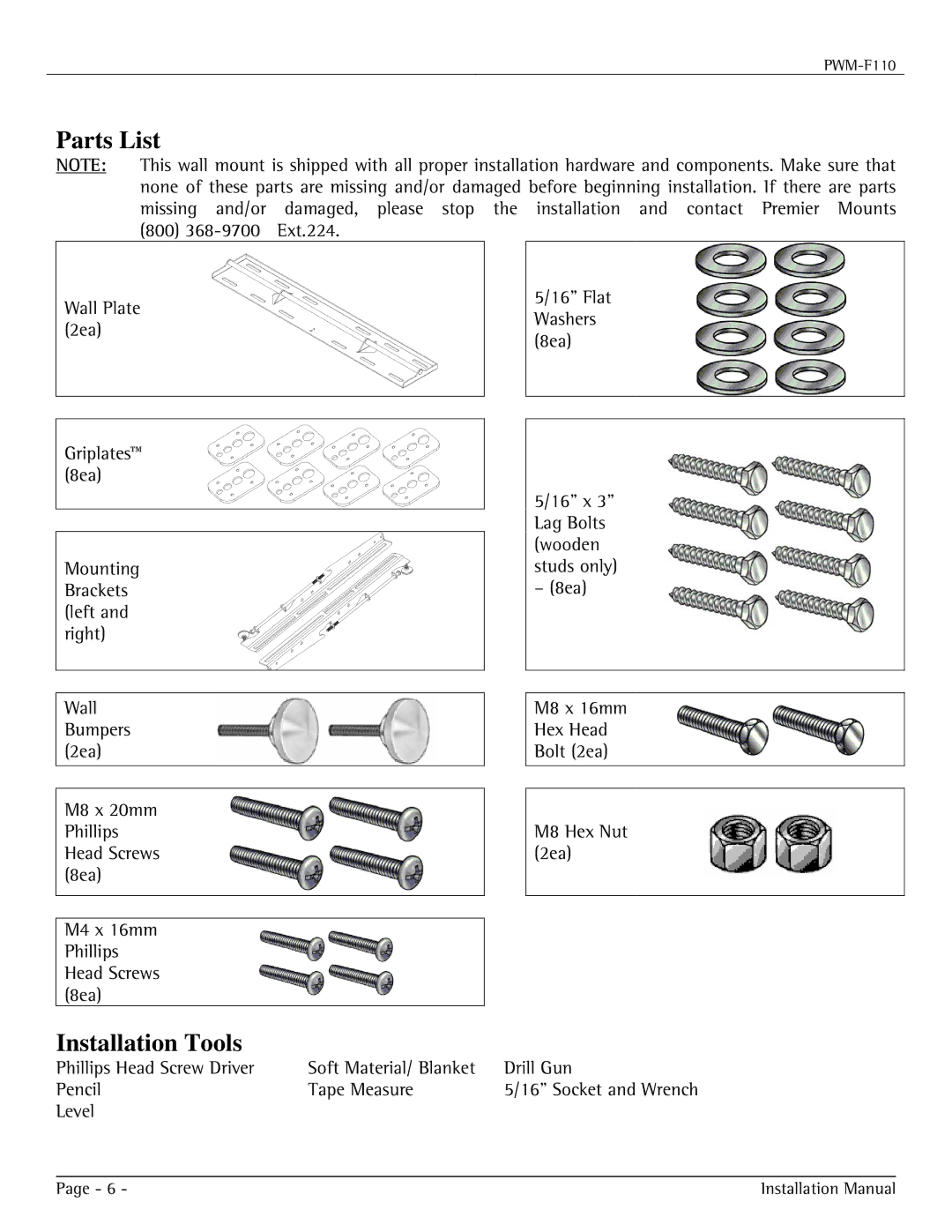 Premier Mounts PWM-F110 installation manual Parts List, Installation Tools 