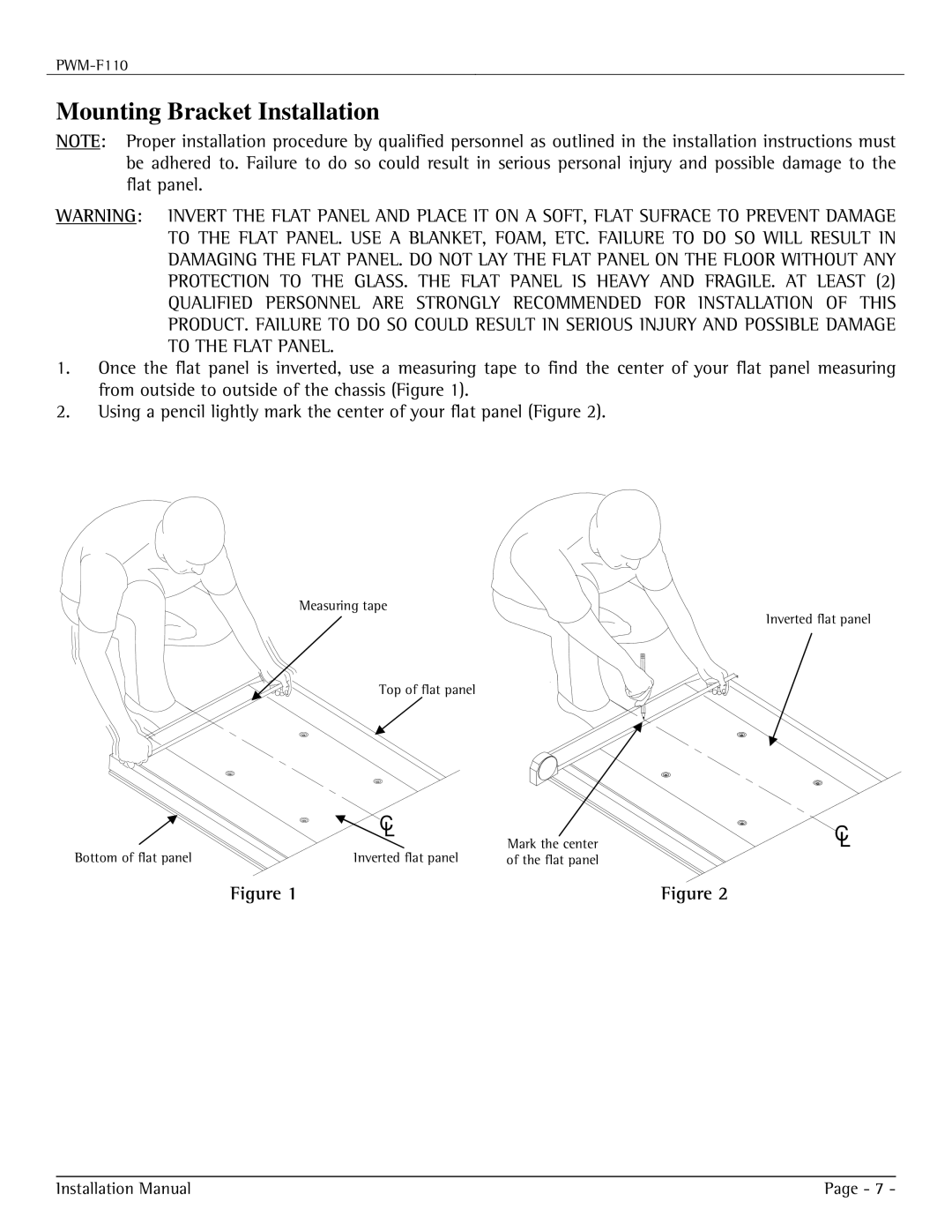 Premier Mounts PWM-F110 installation manual Mounting Bracket Installation 