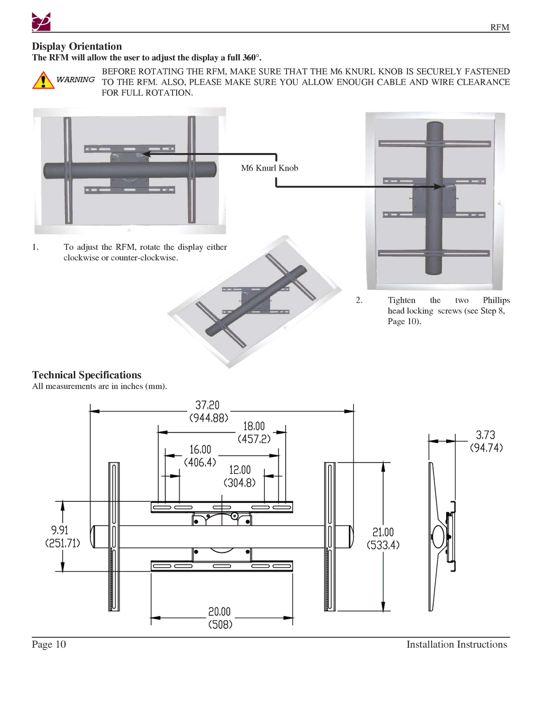 Premier Mounts RFM, Rotary series installation instructions Display Orientation, Technical Specifications 