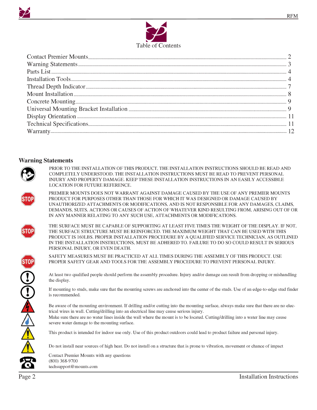 Premier Mounts RFM, Rotary series installation instructions Table of Contents 