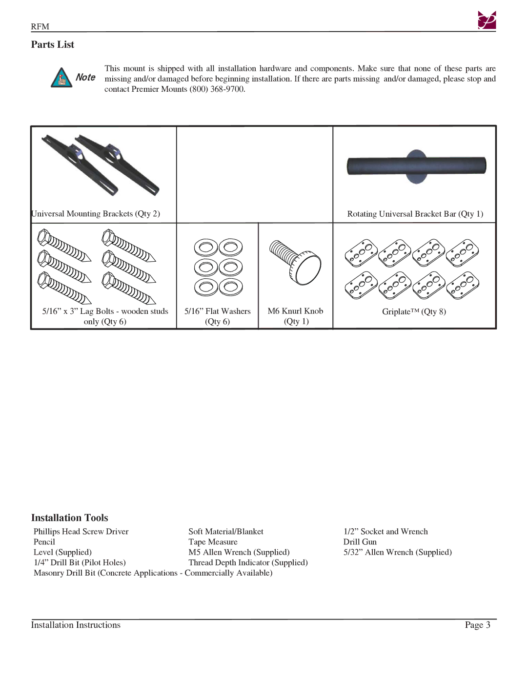 Premier Mounts Rotary series, RFM installation instructions Parts List, Installation Tools 