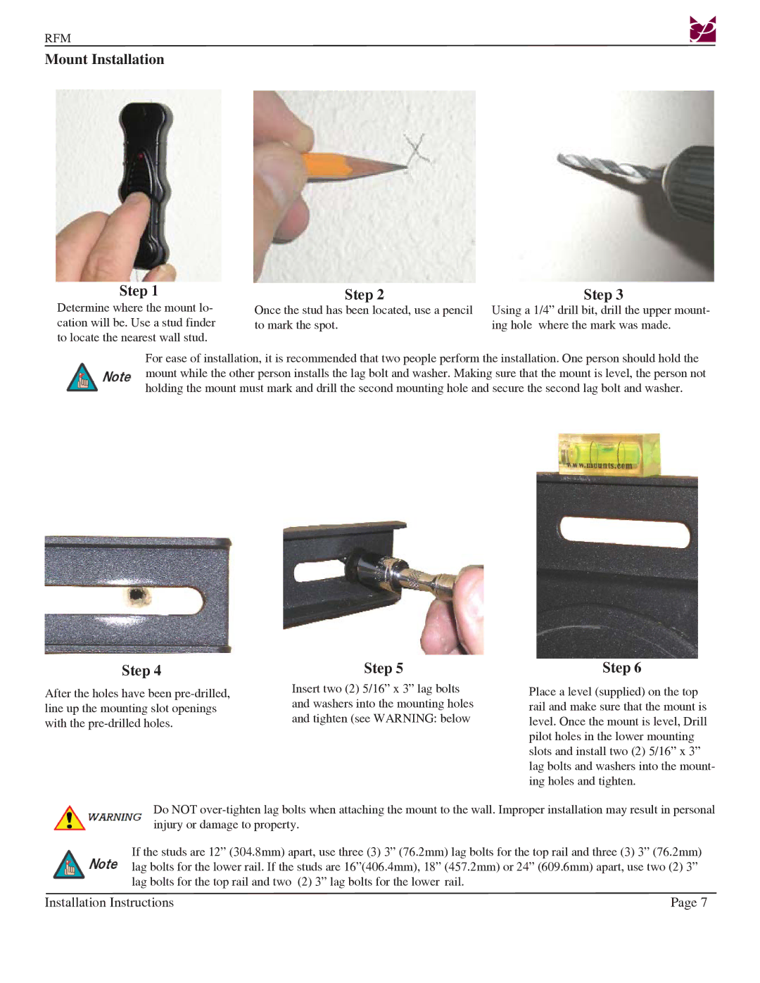 Premier Mounts Rotary series, RFM installation instructions Mount Installation Step 