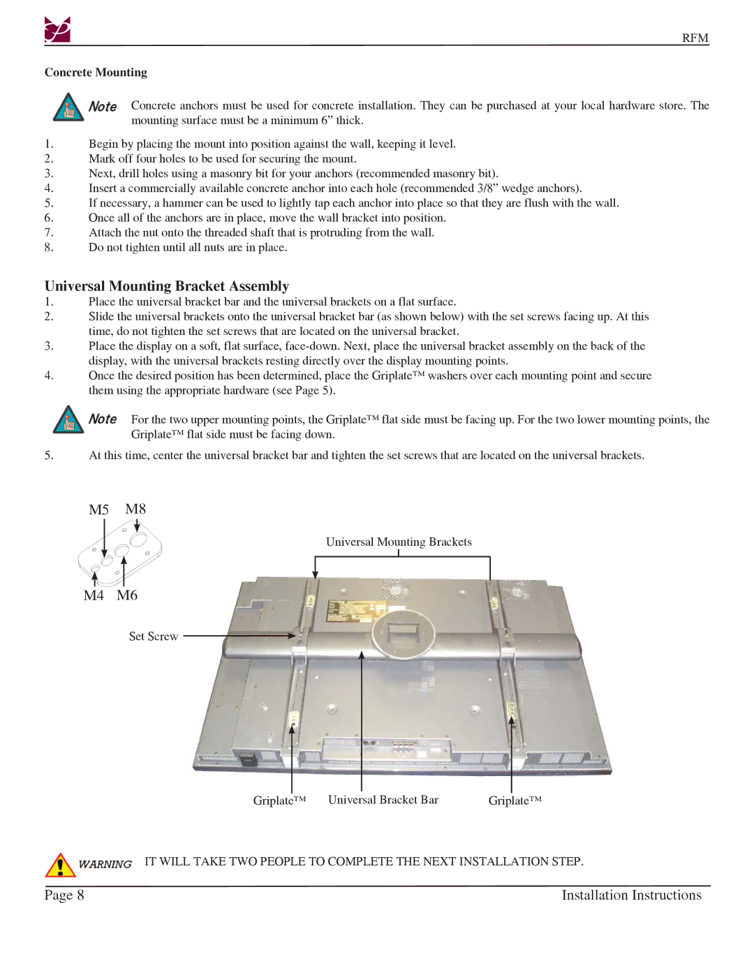 Premier Mounts RFM, Rotary series installation instructions Universal Mounting Bracket Assembly, Concrete Mounting 