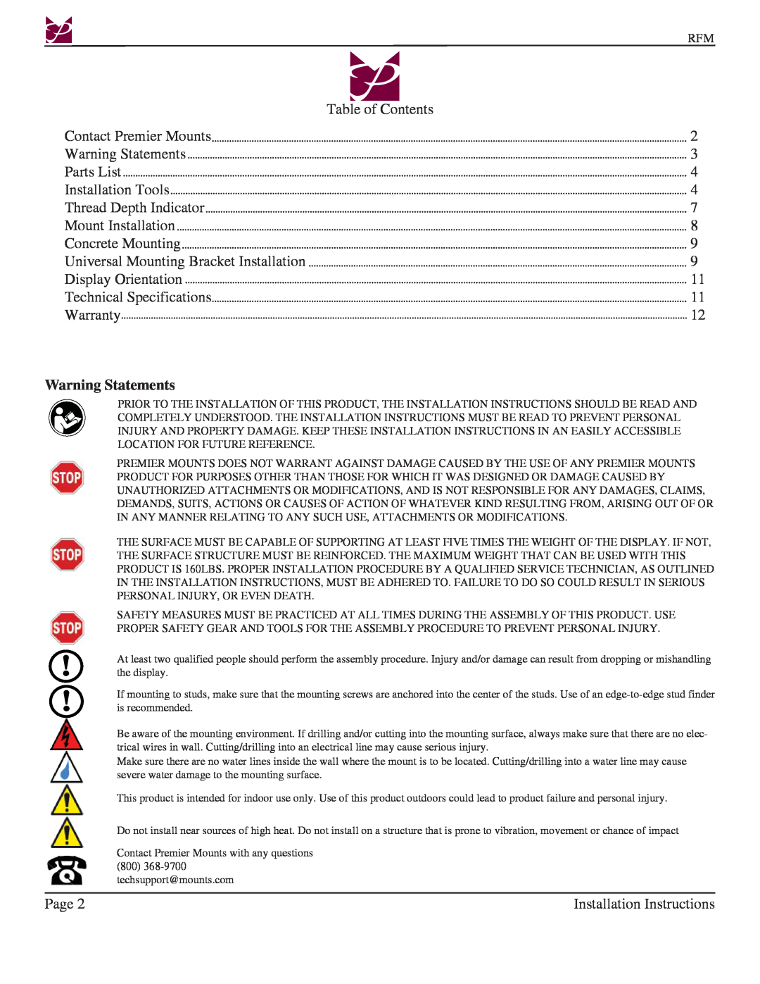Premier Mounts RFM, Rotary series installation instructions Warning Statements 
