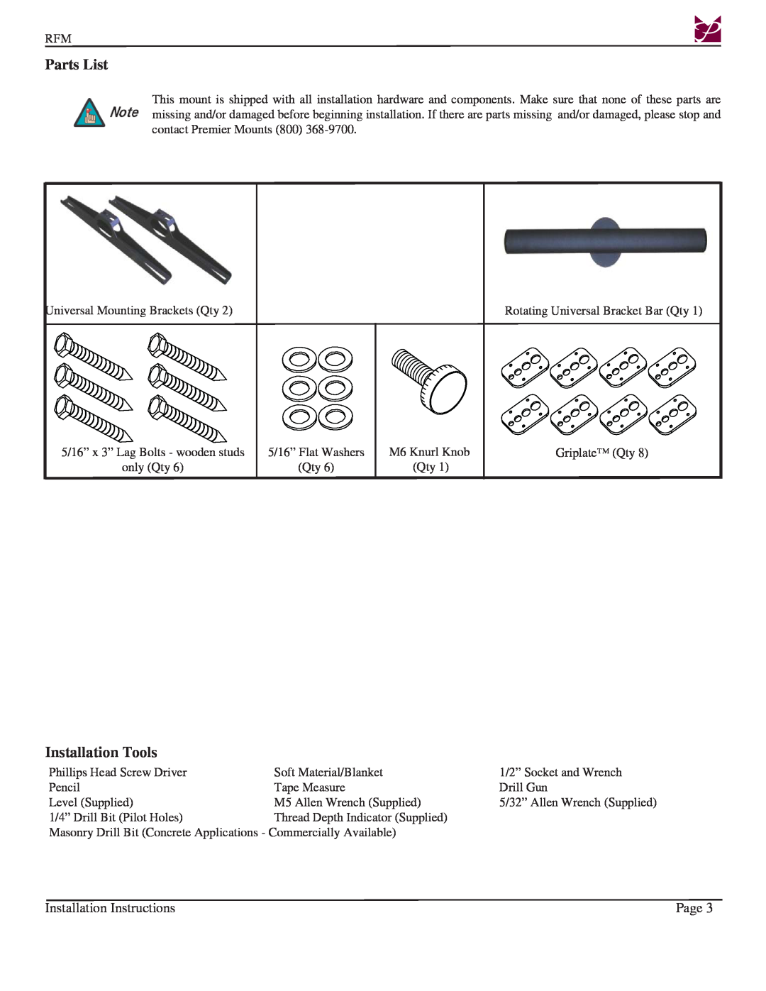 Premier Mounts Rotary series, RFM installation instructions Parts List, Installation Tools, Installation Instructions, Page 
