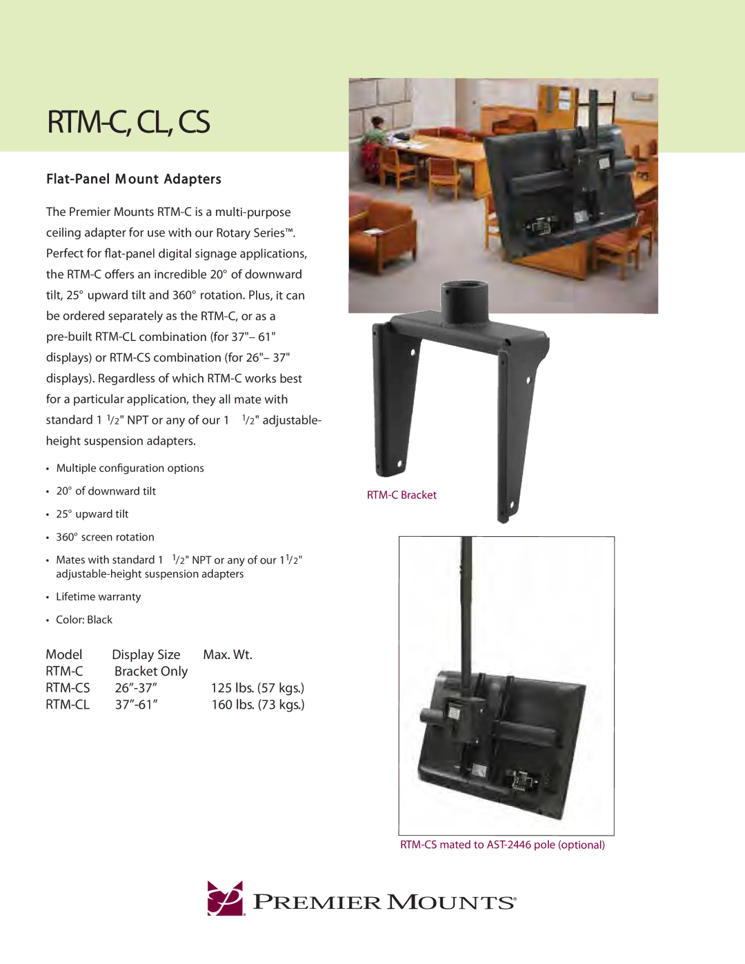 Premier Mounts RTM-CL, RTM-CS warranty Rtm-C, Cl, Cs, Model Display Size Max. Wt 