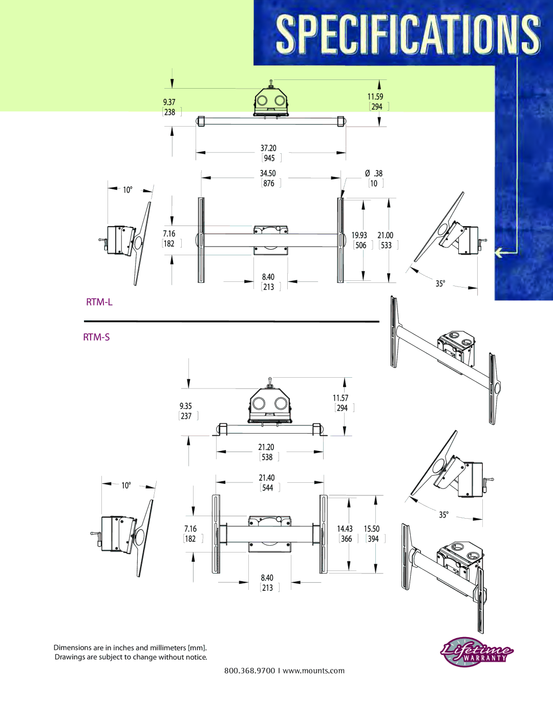 Premier Mounts RTM-CS, RTM-CL warranty Rtm-L Rtm-S 