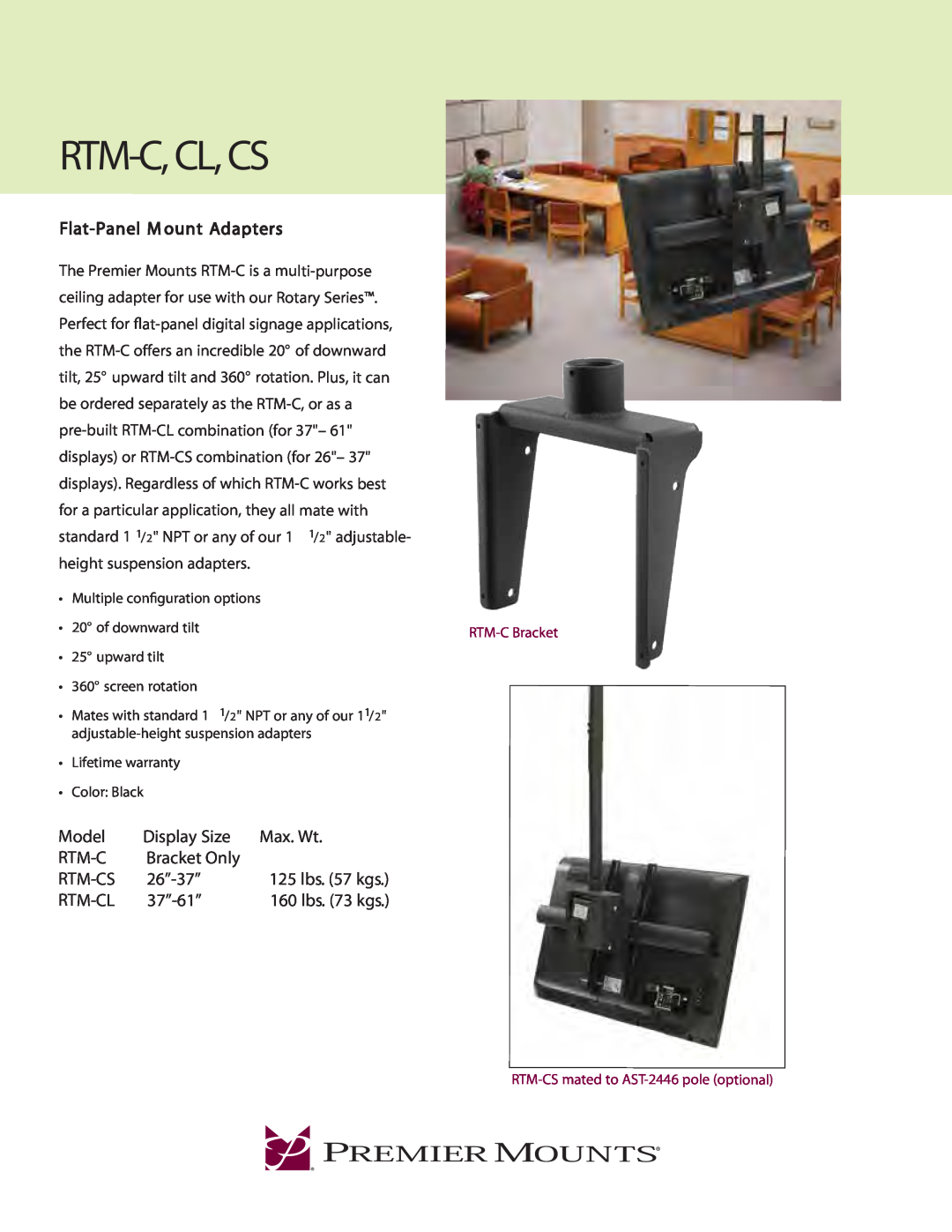 Premier Mounts RTM-CL warranty Rtm-C, Cl, Cs, Flat-Panel M ount Adapters, Model, Display Size, Max. Wt, Bracket Only 