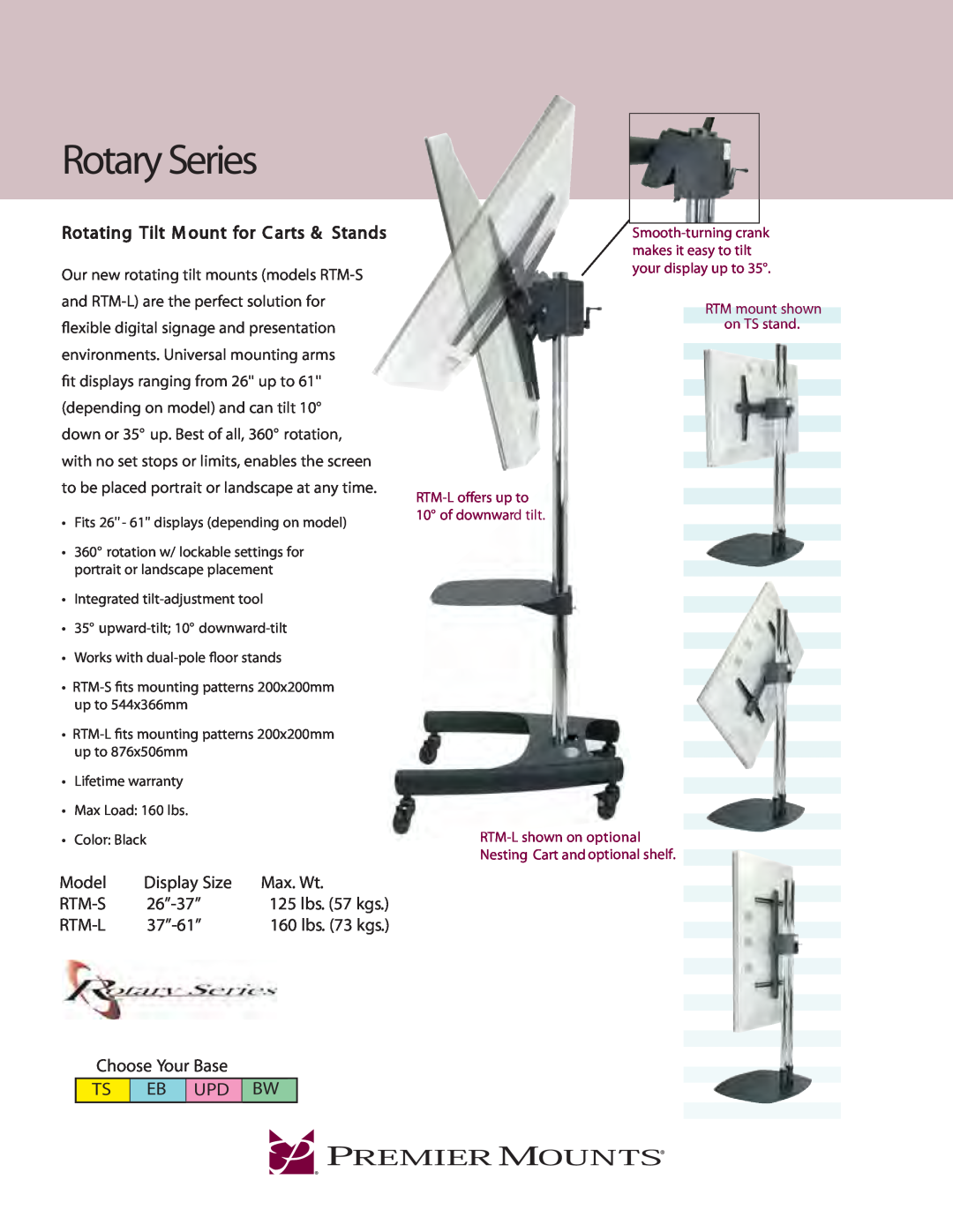 Premier Mounts RTM-S warranty Rotary Series, Rotating Tilt M ount for C arts & Stands, Model, Display Size, Max. Wt, Rtm-S 