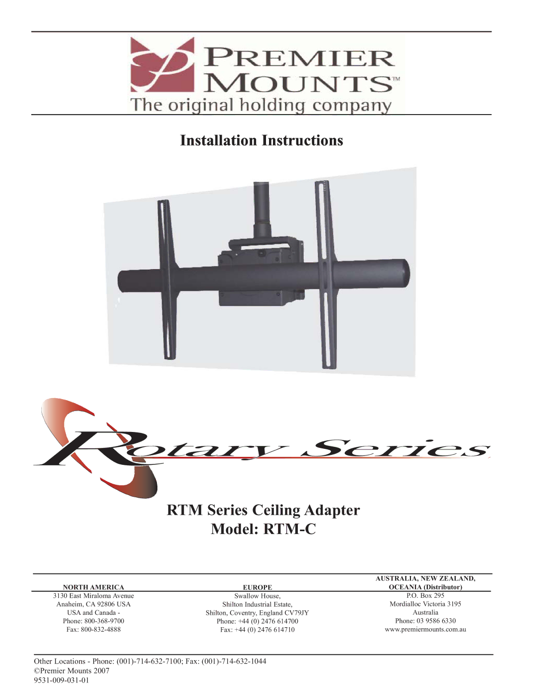 Premier Mounts RTM-C, RTM Series installation instructions Europe 