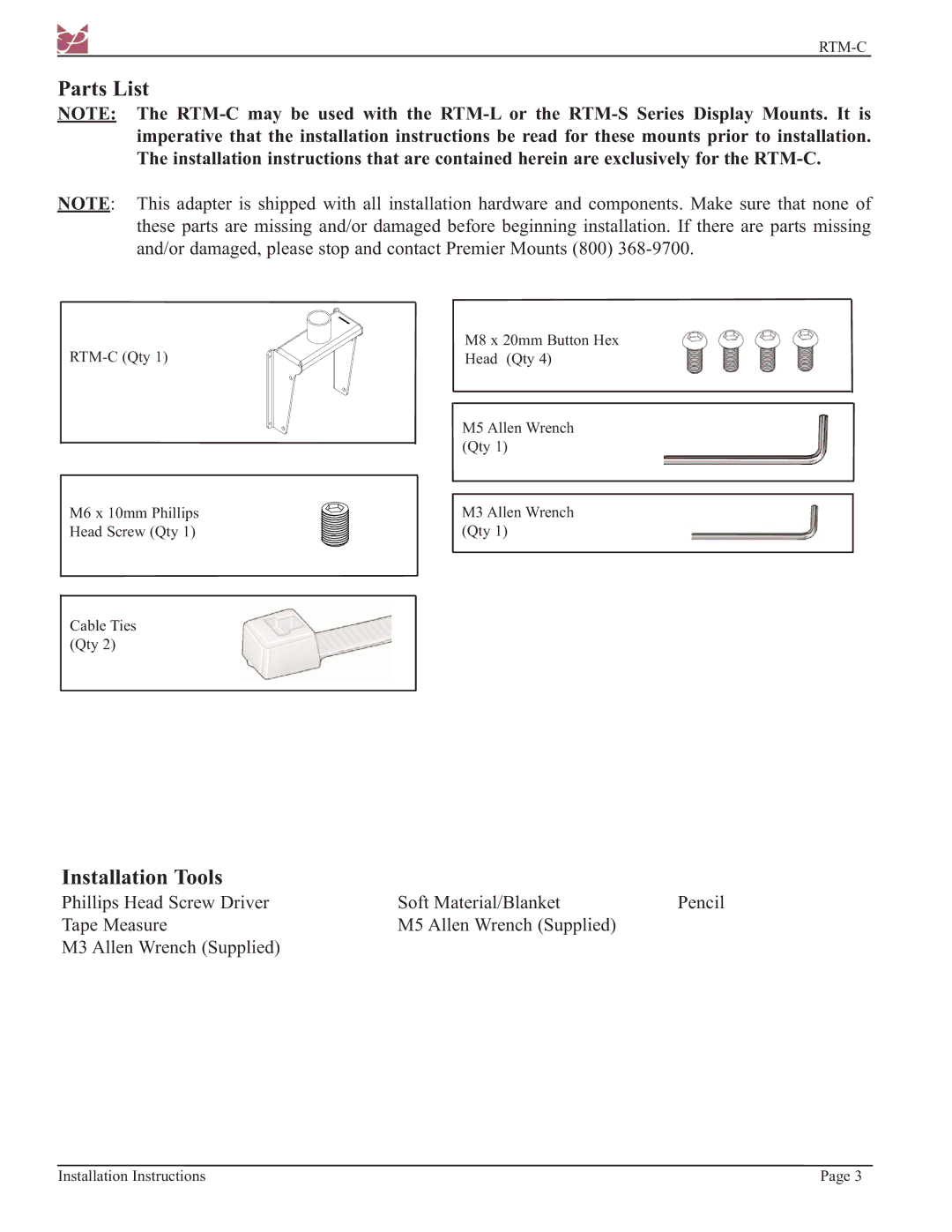 Premier Mounts RTM-C, RTM Series installation instructions Parts List, Installation Tools 