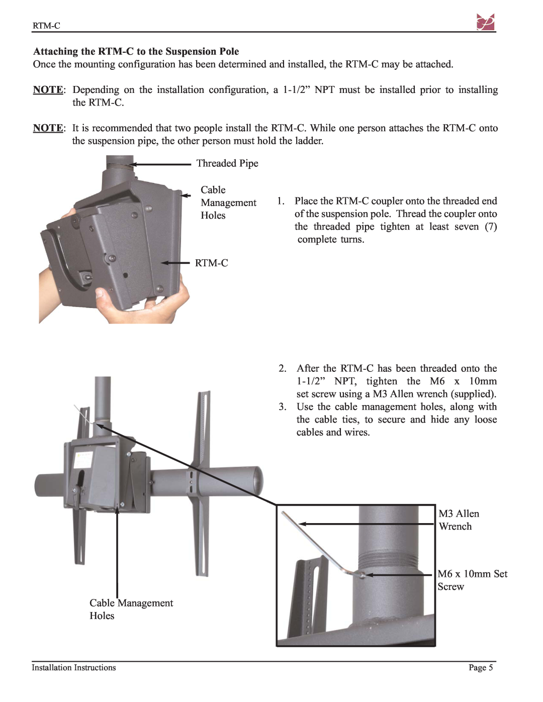 Premier Mounts RTM Series installation instructions Attaching the RTM-Cto the Suspension Pole 