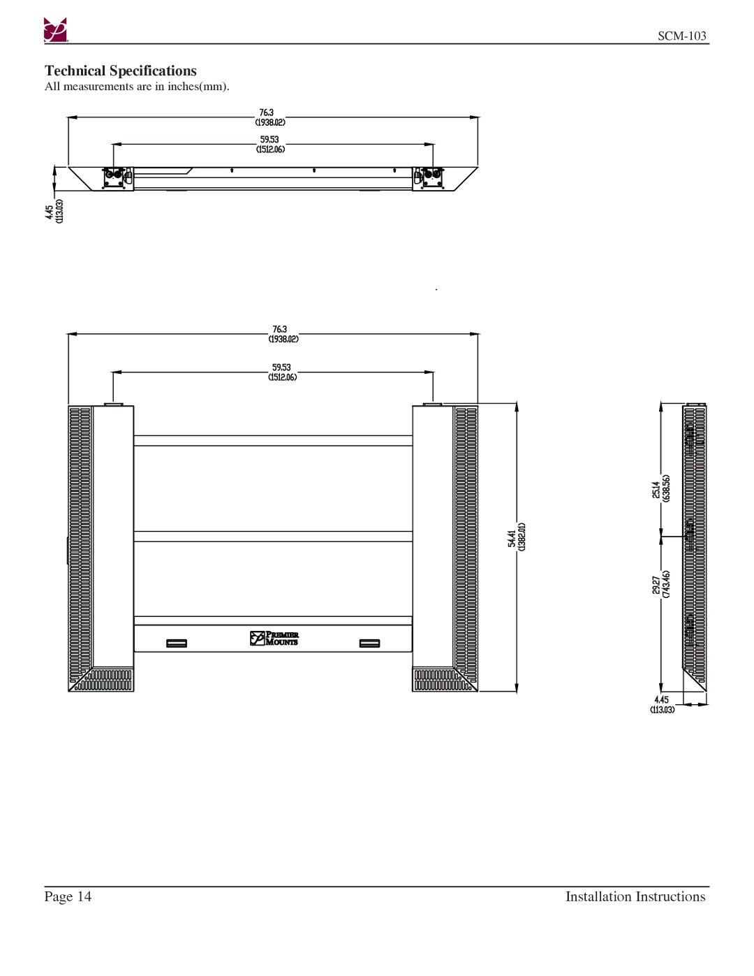 Premier Mounts SCM-103 installation instructions Technical Specifications 