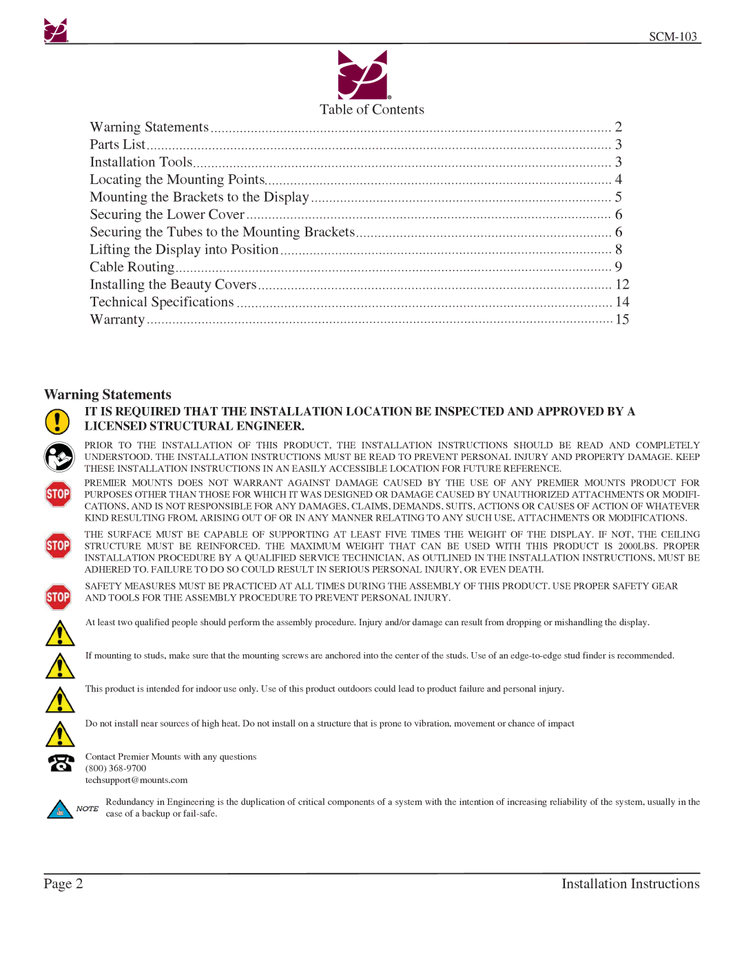 Premier Mounts SCM-103 installation instructions Installation Instructions 