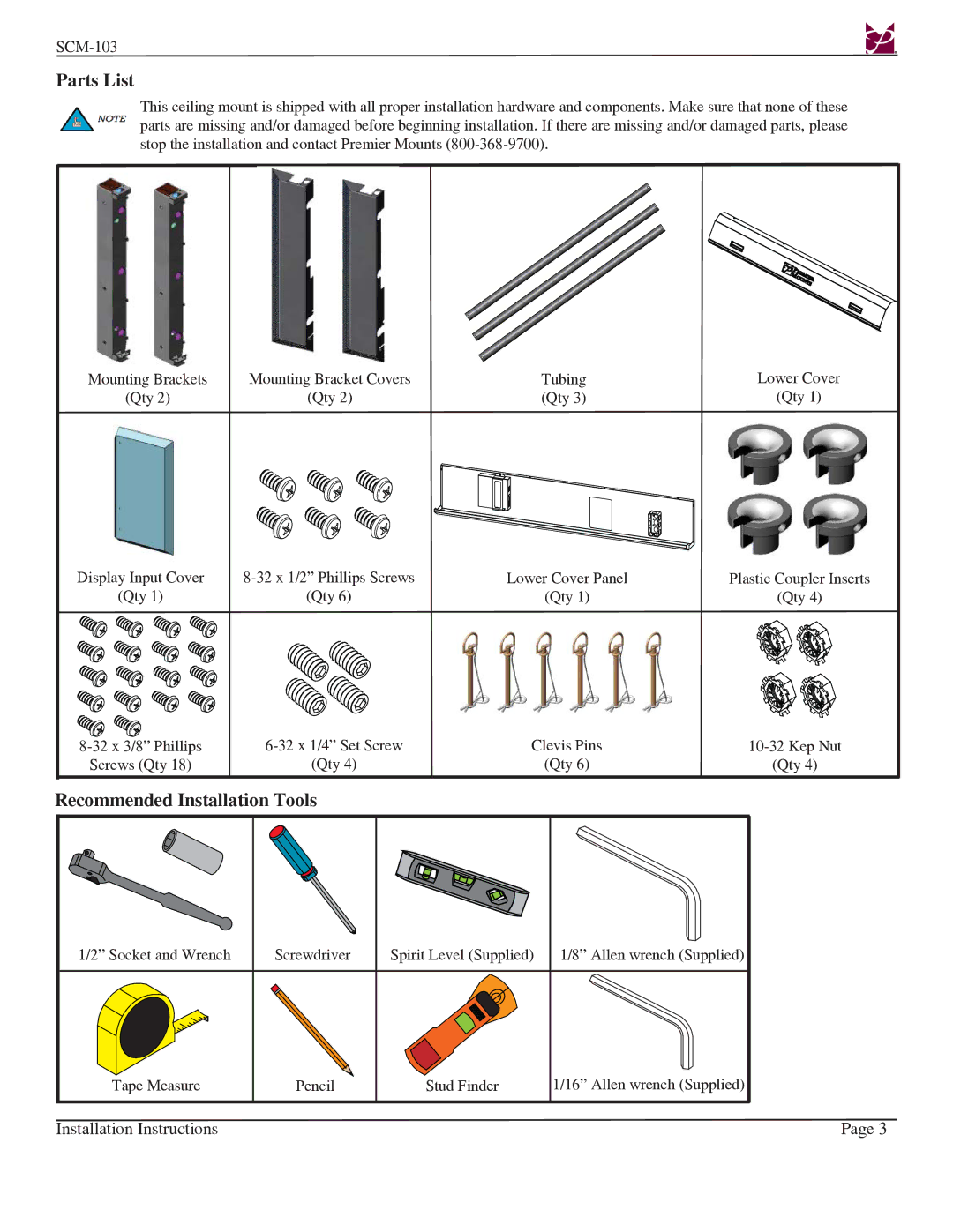 Premier Mounts SCM-103 installation instructions Parts List, Recommended Installation Tools 