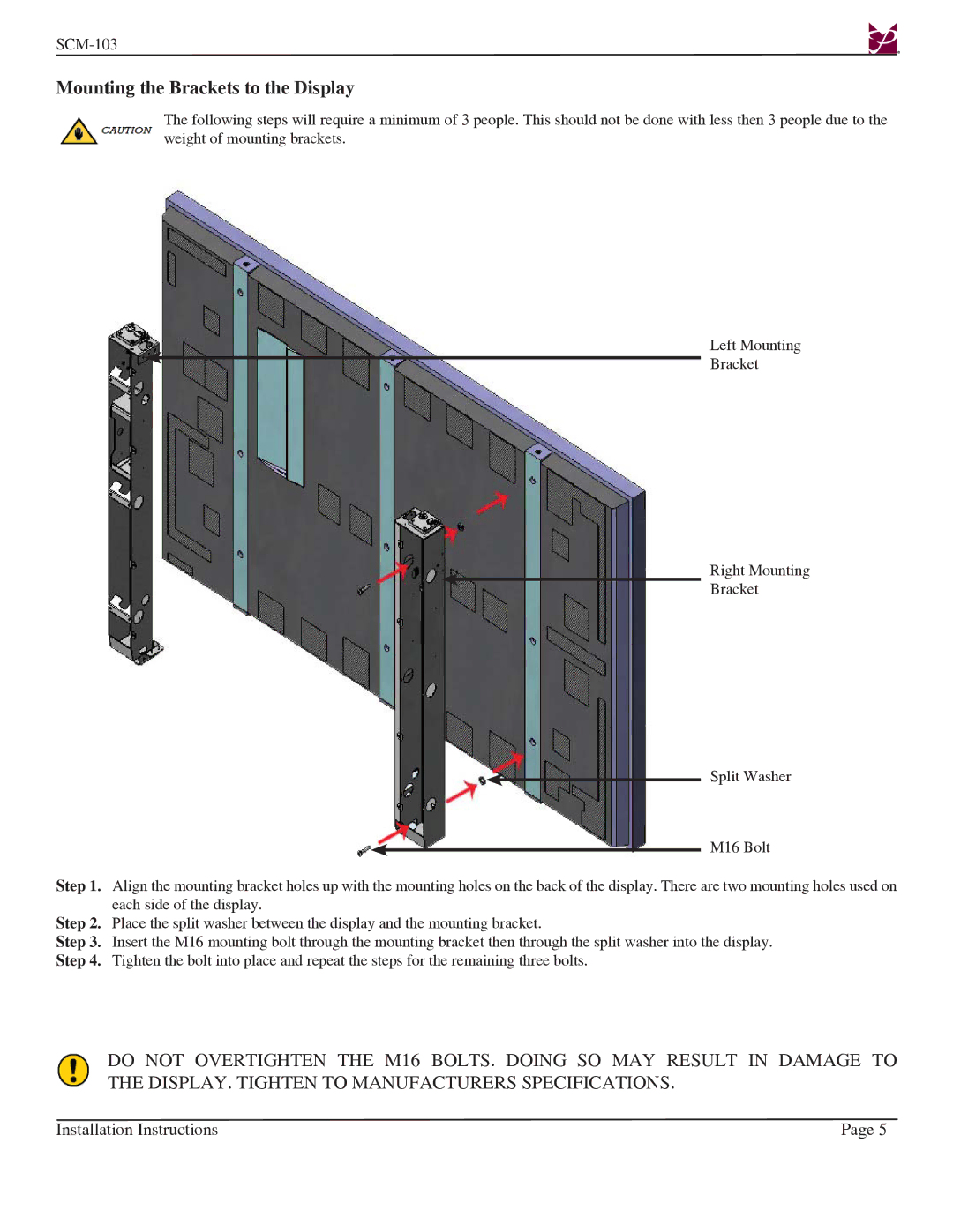 Premier Mounts SCM-103 installation instructions Mounting the Brackets to the Display 