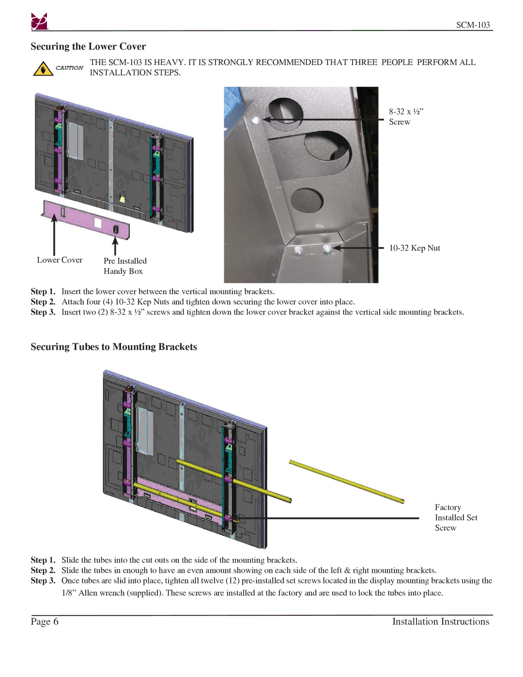 Premier Mounts SCM-103 installation instructions Securing the Lower Cover, Securing Tubes to Mounting Brackets 