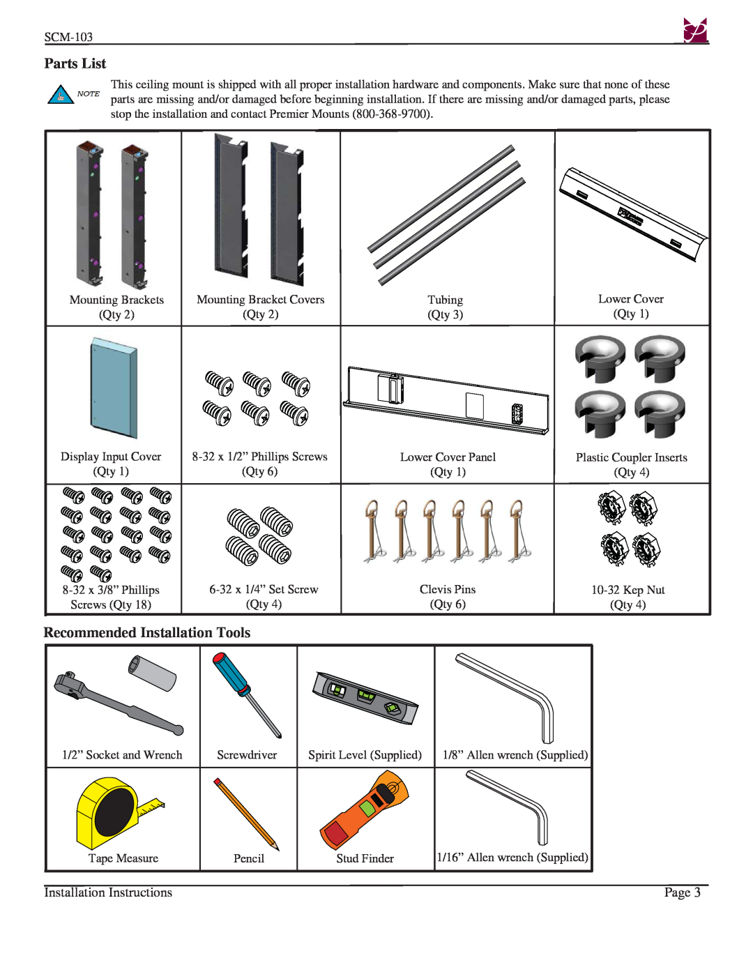 Premier Mounts SCM-103 Parts List, Recommended Installation Tools, Installation Instructions, Page 
