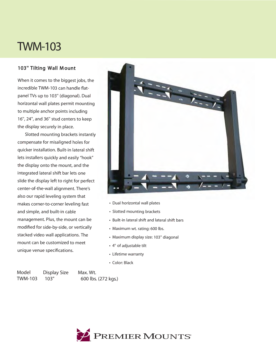 Premier Mounts TWM-103 warranty Tilting Wall M ount 