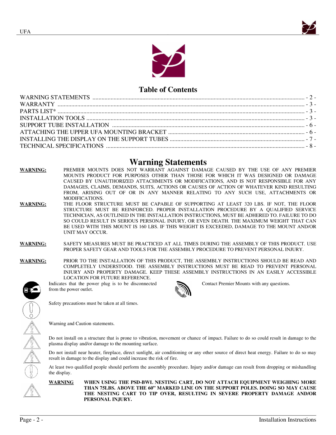 Premier Mounts UFA installation manual Table of Contents 