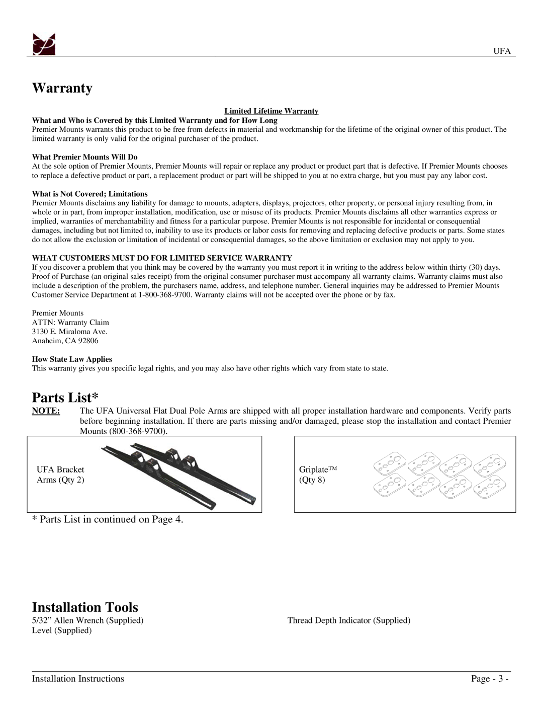 Premier Mounts UFA Parts List, Installation Tools, What Customers Must do for Limited Service Warranty 