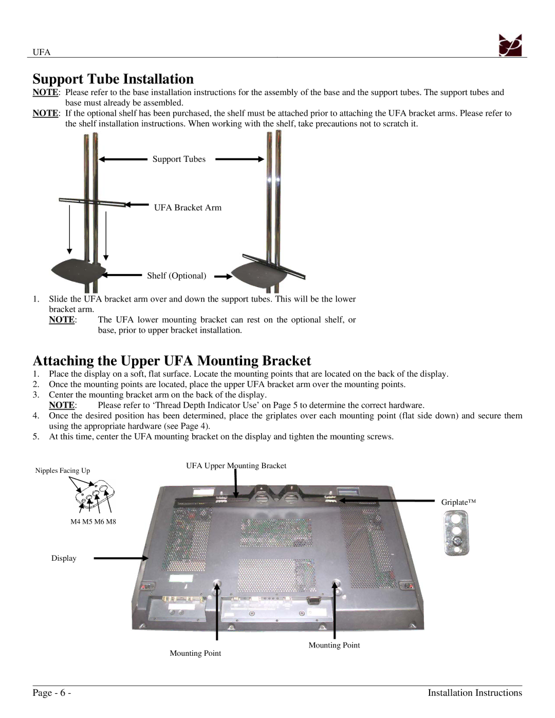 Premier Mounts installation manual Support Tube Installation, Attaching the Upper UFA Mounting Bracket 