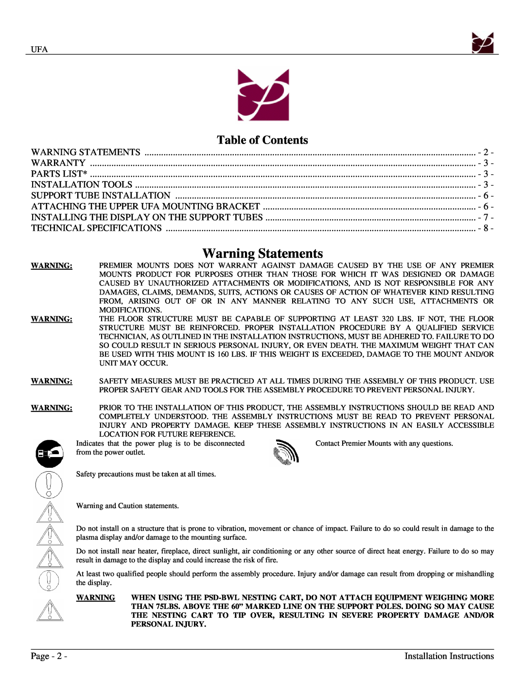 Premier Mounts UFA installation manual Warning Statements, Table of Contents 